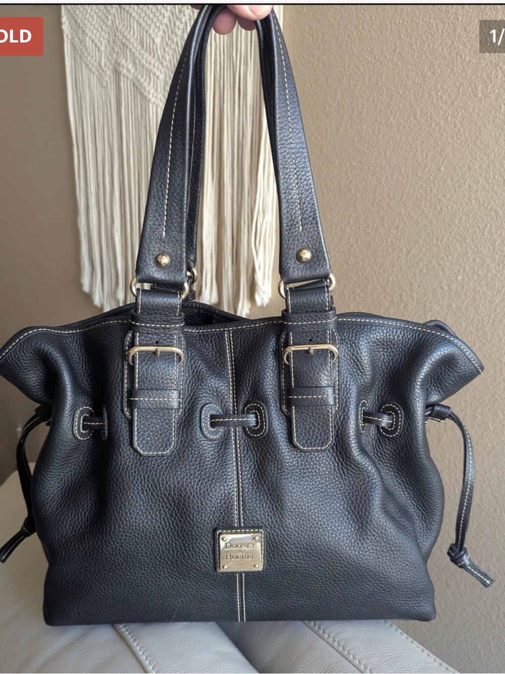 Dooney & Bourke Black Pebble Leather Shoulder Bag with Gold Hardware